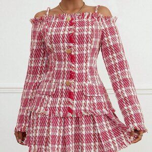 Red Elegant Women's Off-Shoulder Collar Raw Hem Detail Tweed Jacket And Skirt